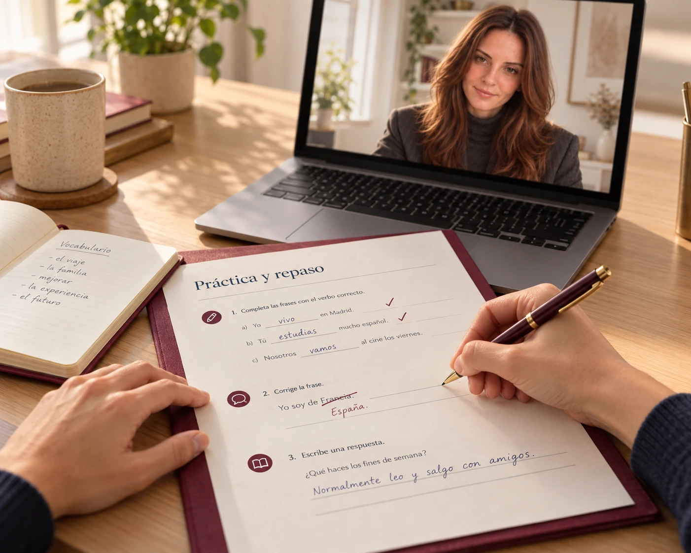 A student completing a Spanish practice and review worksheet during an online lesson with Raquel