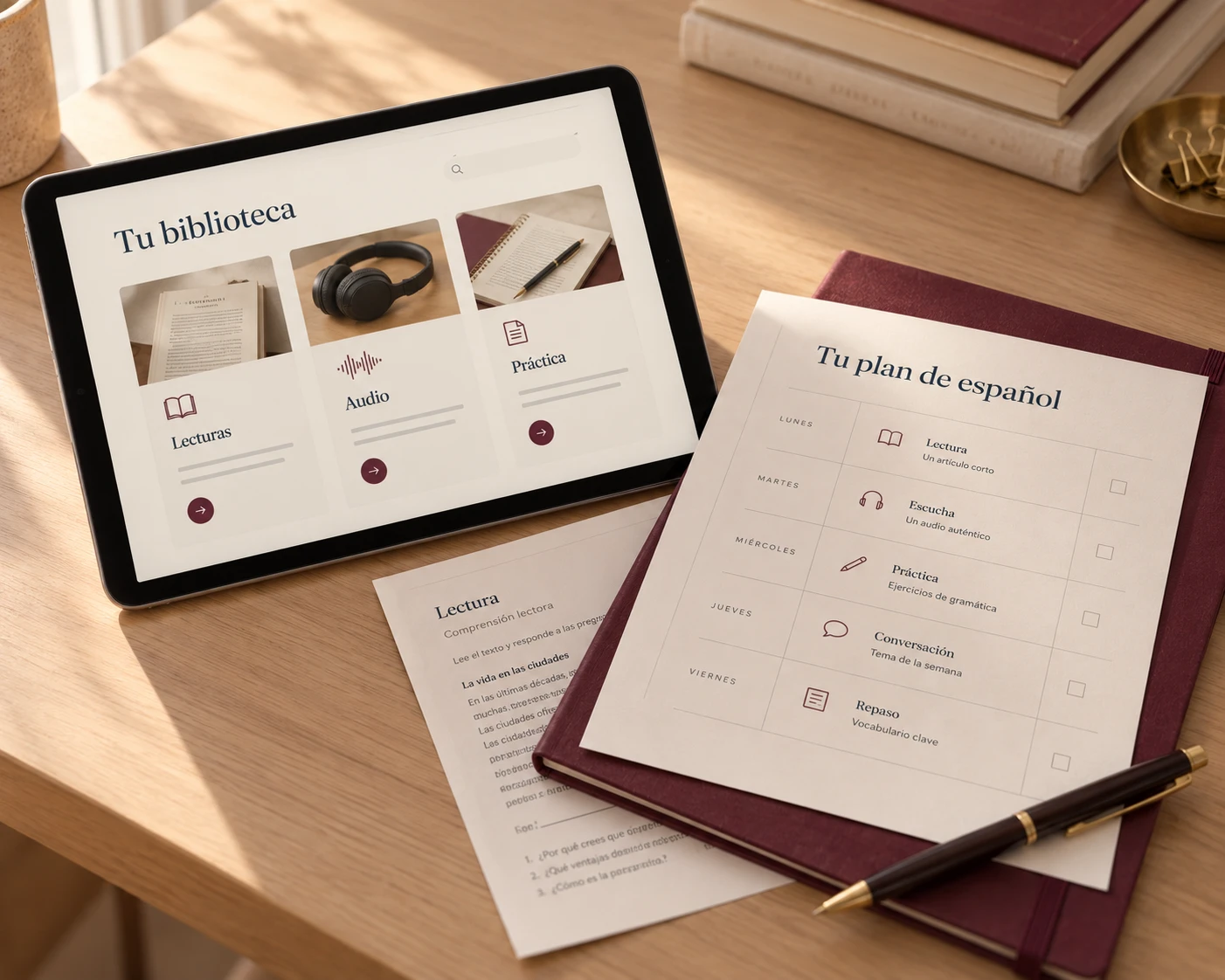 A tablet showing a resource library next to a printed weekly Spanish study plan and a reading worksheet